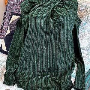 Elegant Green Bare Shoulder Striped Long Sleeve Shirt.